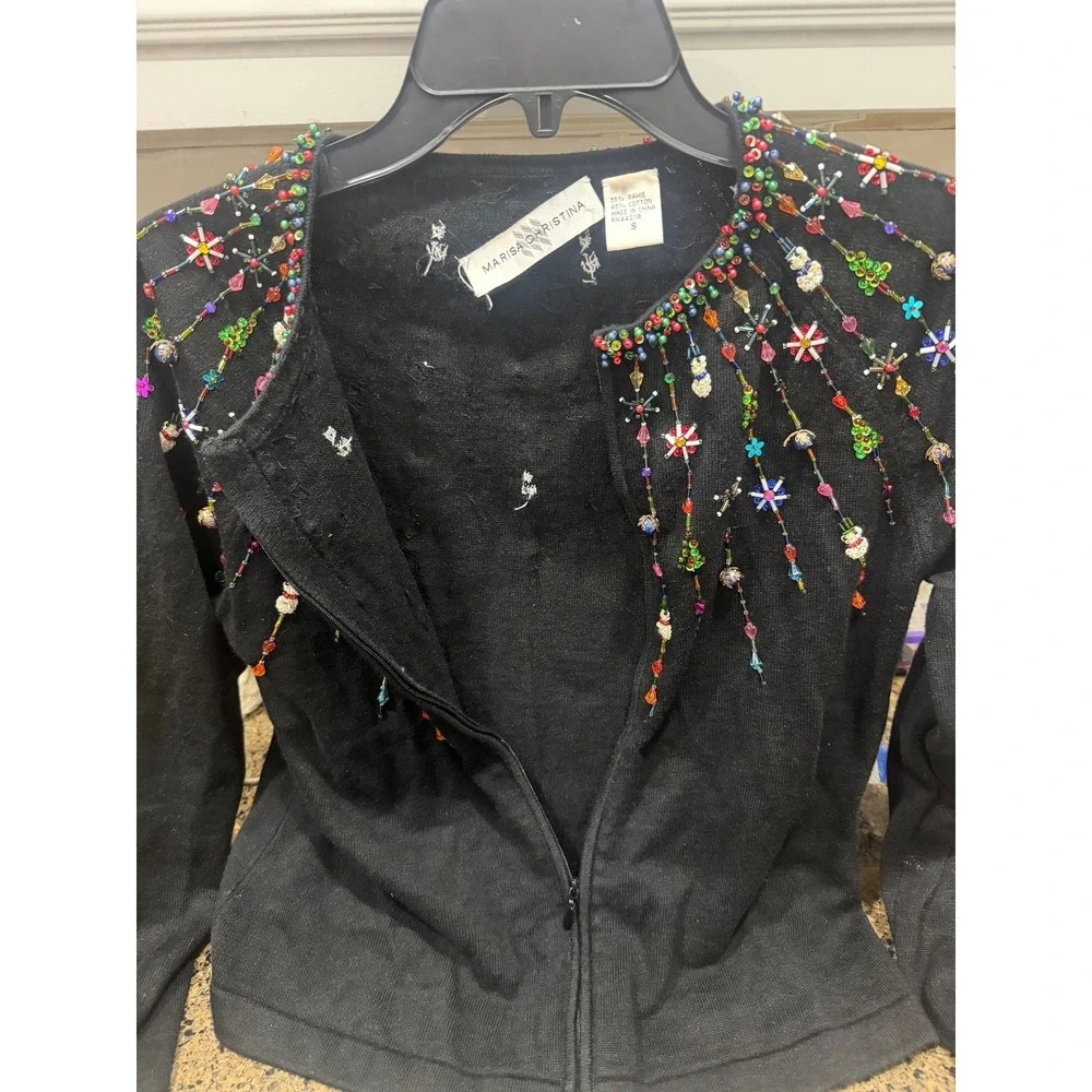 vtg marisa christina black embellished beaded‎ sweater zip front small